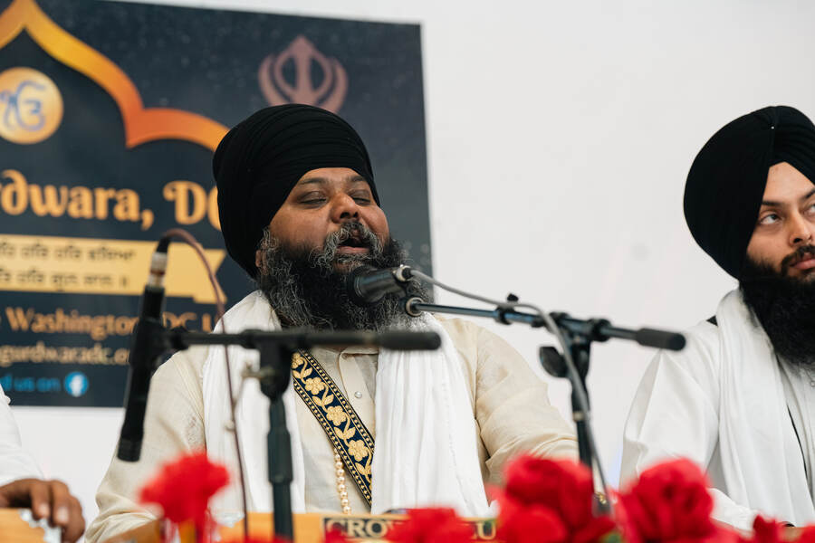 Close-up of a ragi singing shabad kirtan